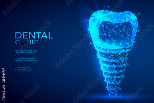 Dental implant polygonal genetic engineering abstract background. The isolated concept of  dental and orthodontics consists of low poly wireframe, geometry triangle, lines, dots, polygons, shapes.