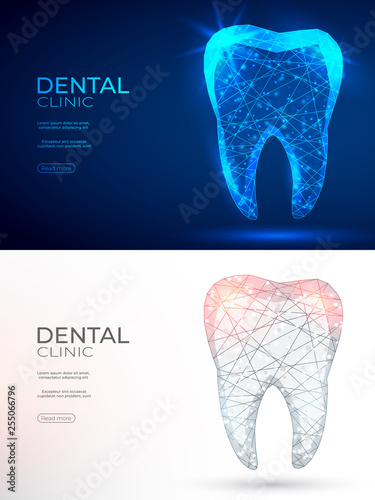 Tooth polygonal genetic engineering abstract background. The isolated concept of  dental and orthodontics consists of low poly wireframe, geometry triangle, lines, dots, polygons, shapes.