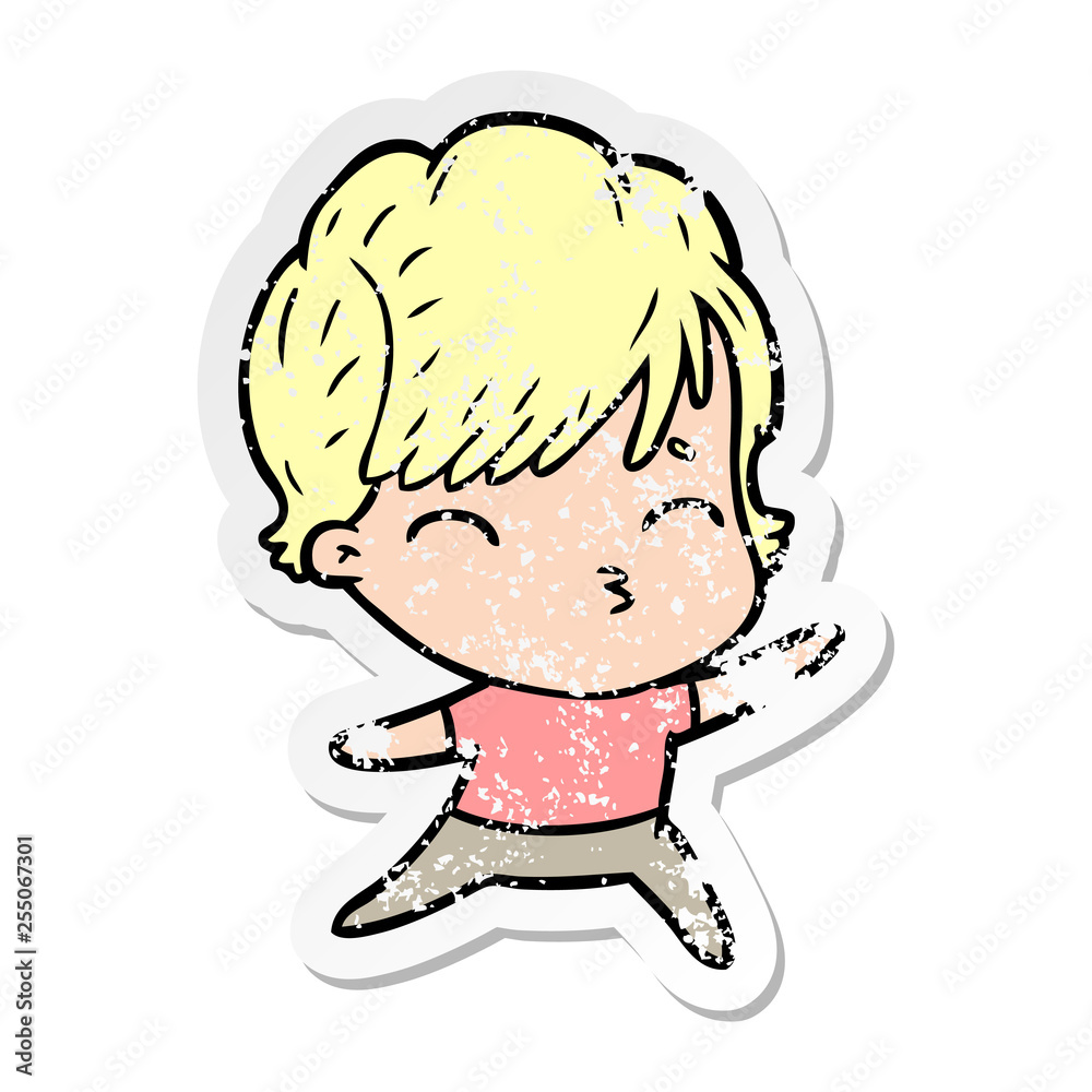 distressed sticker of a cartoon woman thinking