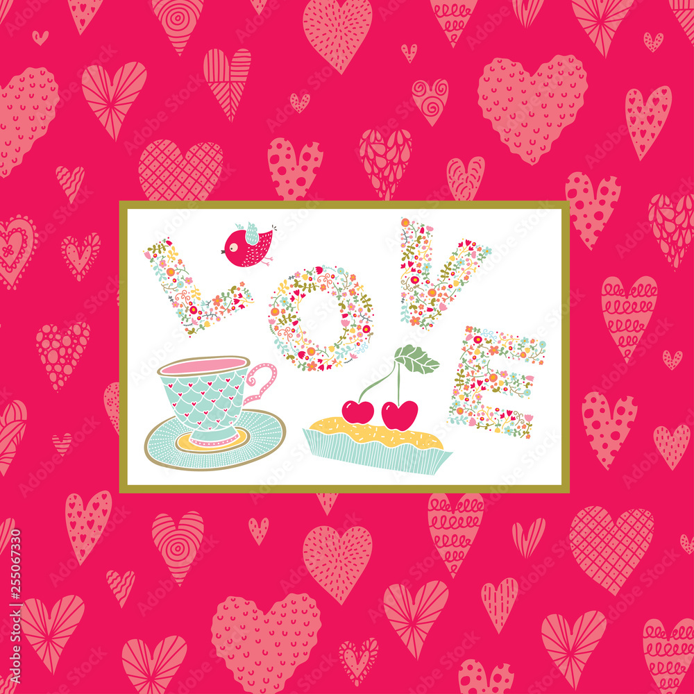 Pink card. Tea сup with letters love and sweet hearts. Vector decorative illustration for Valentine's day. Can be used as postcard, poster and etc. Pink card. Tea сup with letters love and sweet hearts. Vector decorative illustration for Valentine's day. Can be used as postcard, poster and etc.