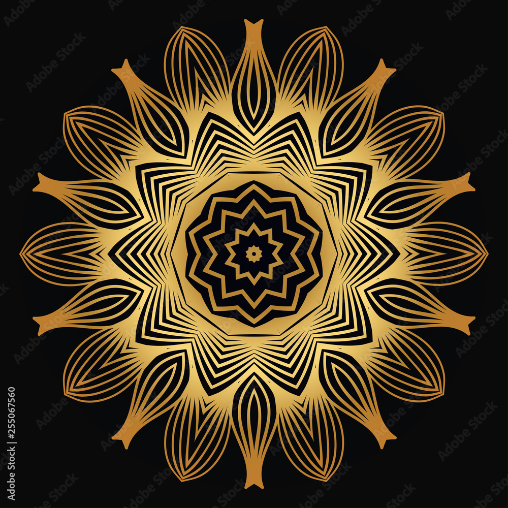 Modern Decorative Floral Mandala. Decorative Cicle Ornament. Floral Design. Vector Illustration. Can Be Used For Textile, Greeting Card, Coloring Book, Phone Case Print. Luxury gold black color