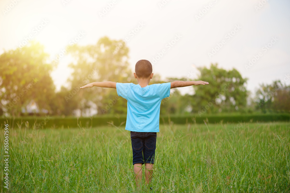 Kid standing and stretch the arms or extend arms in the grass fields Kid standing and stretch the arms or extend arms in the grass fields