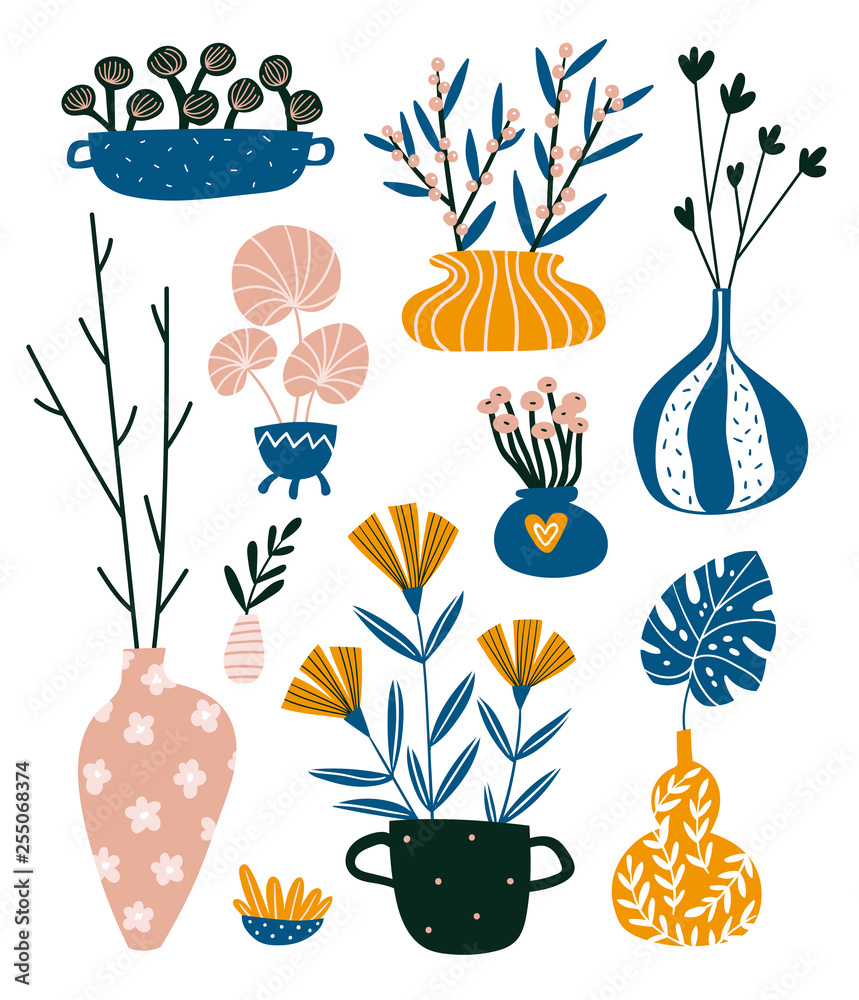Isolated home decor elements in hand drawn style. Vector scandinavian interior design . Illustration of potted flowers and vases with branches.