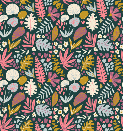 Tropical summer plants seamless pattern. Palm tree leaves and flowers in hand drawn style. Vector fabric design.