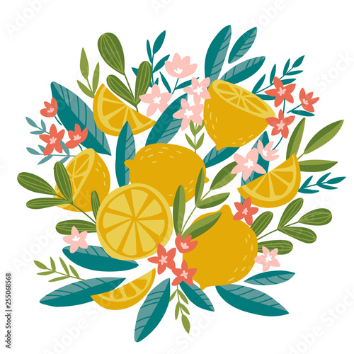  Blooming lemon tree in hand drawn style. Vector design element isolated on the white background. Tropical summer fruit decor.