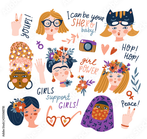 Sticker set of women of different nationalities and religions. Cute and funny girls characters. Feminism concept design. Vector illustration for International women day. photo