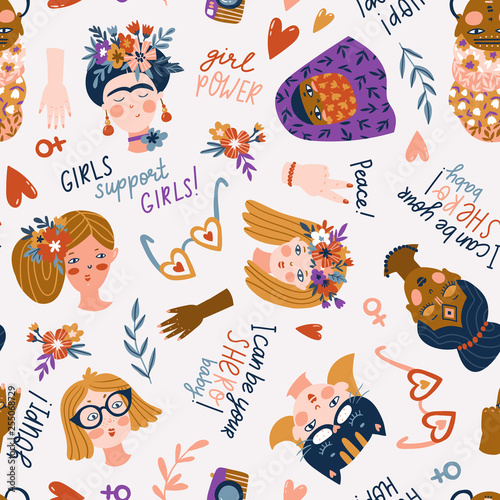 Seamless pattern - women of different nationalities and religions, International women day, girl protest. Cute and funny girls characters. Feminism fabric design. Vector illustration.