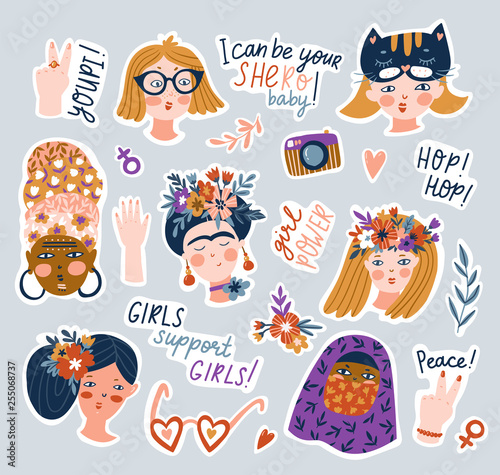 Sticker set of women of different nationalities and religions. Cute and funny girls characters. Feminism concept design. Vector illustration for International women day.