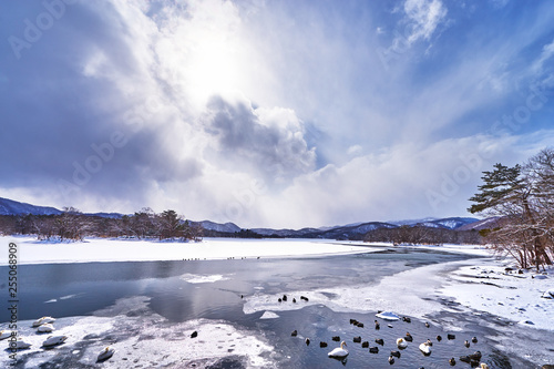 Beautiful landscape scenic of Konuma and Onuma lake during winter season at Onuma koen in Kameda district in Hokkaido, Japan.