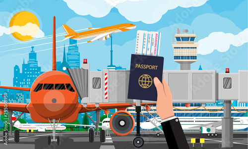 Hand with passport and ticket. Plane before takeoff. Airport control tower, jetway, terminal building and parking area. Cityscape. Sky with clouds and sun. Vector illustration in flat style