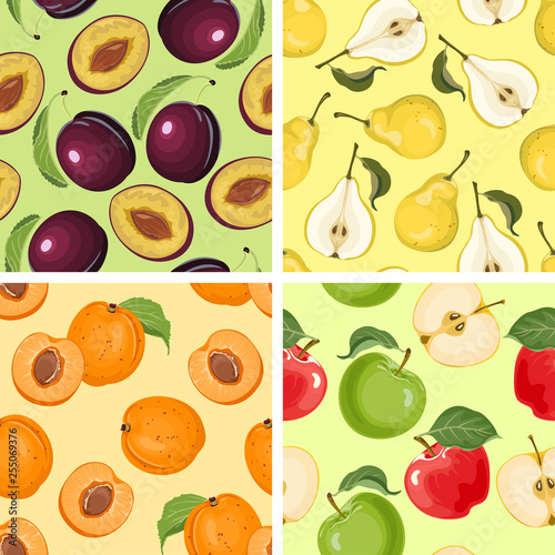 Set of fruit patterns on color background. Plum, pear, apple, apricot. Vector illustration of food ornament in cartoon simple flat style.