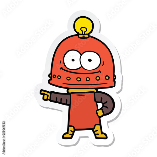 sticker of a happy carton robot with light bulb