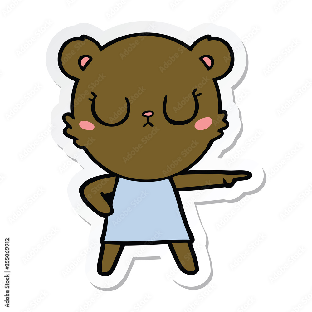 sticker of a peaceful cartoon bear in dress pointing sticker of a peaceful cartoon bear in dress pointing