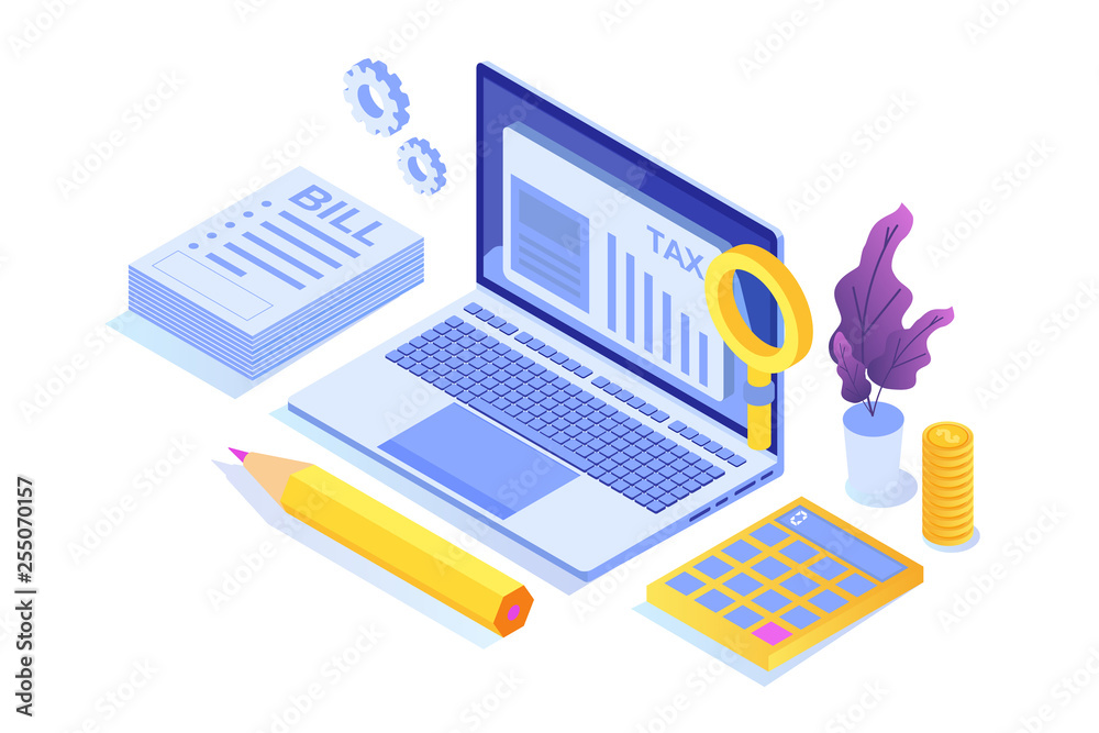Pay tax online isometric concept. Accountant workspace elements. Vectorr illustration Pay tax online isometric concept. Accountant workspace elements. Vectorr illustration