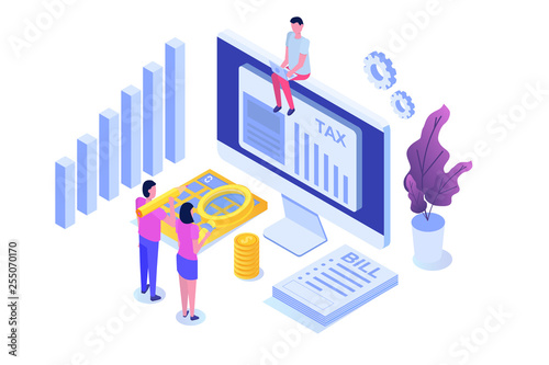 Pay tax online isometric concept. Accountant workspace elements. Vectorr illustration