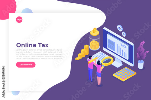 Pay tax online isometric concept. Accountant workspace elements. Vectorr illustration