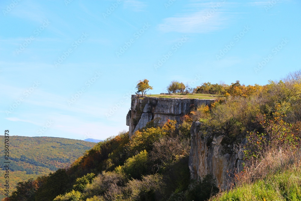 Fototapeta premium A tree grows on the edge of a cliff above the autumn forest. This rock is part of mountain plateau Burunchak near cavetown Chufut-Kale and Bakhchisaray city on the Crimean Peninsula.