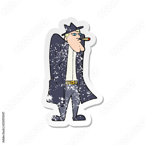 retro distressed sticker of a cartoon man in hat and trench coat