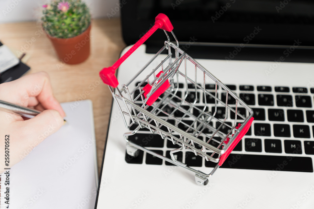 Small red shopping cart or trolley on laptop keyboard, Technology business online shopping concept