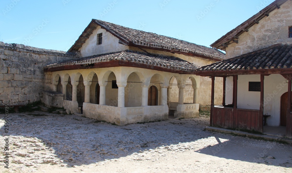 Old kenesas (East European Karaite synagogue) in cave town Chufut-Kale near Bakhchisaray city on the Crimean Peninsula. These Kenesas were built in the 14th century.