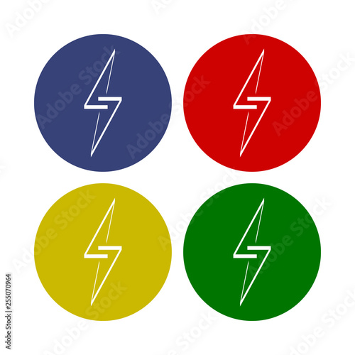 Lightning vector icon. Thunder charging power for electricity energy and batteries. Flash colored thunderstorm button.