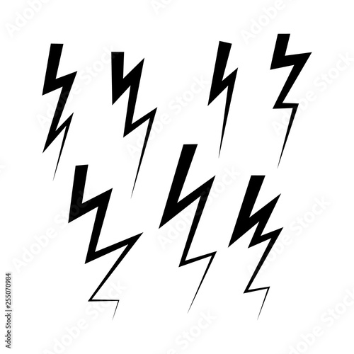 Lightning vector set icon. Thunder charging power for electricity energy and batteries. Thunderstorm.