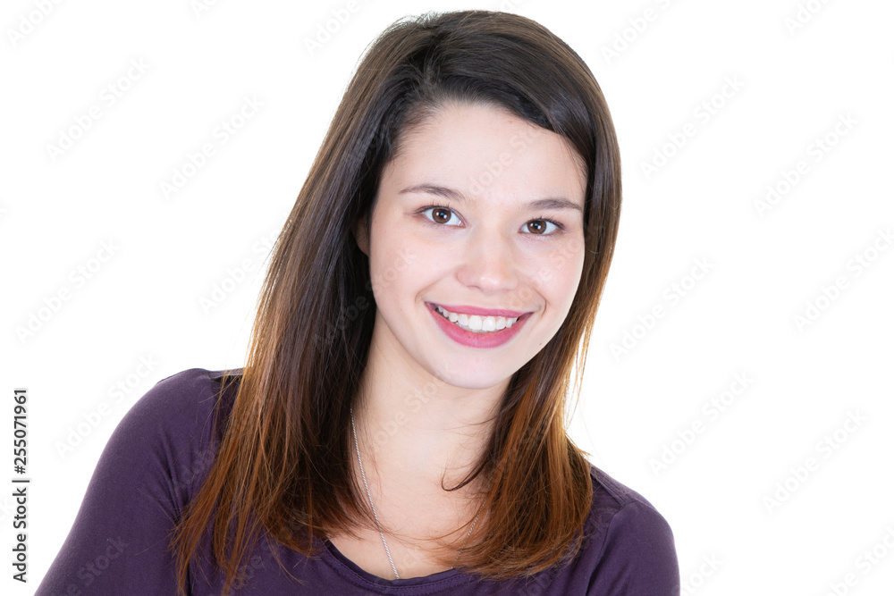 Cute natural brunette woman smiling with perfect white teeth and glowing skin Cute natural brunette woman smiling with perfect white teeth and glowing skin