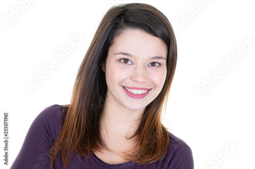 Cute natural brunette woman smiling with perfect white teeth and glowing skin