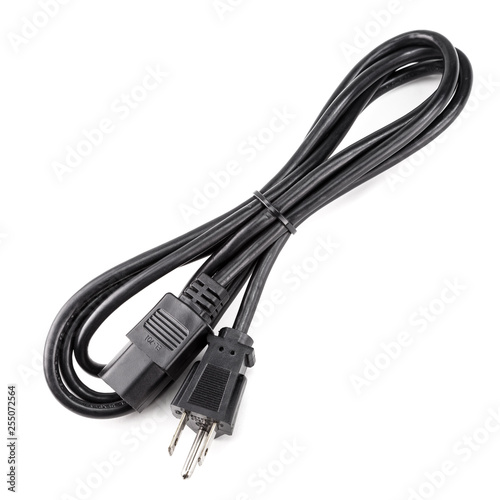 Black power cable cord isolated on white background (US 3-Prong For PC server many electric home office industrial appliance)