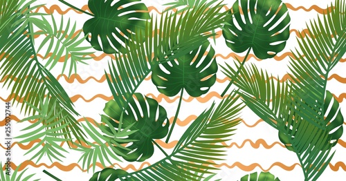Fototapeta Naklejka Na Ścianę i Meble -  Summer tropical palm leaves seamless pattern on copper texture stripes.