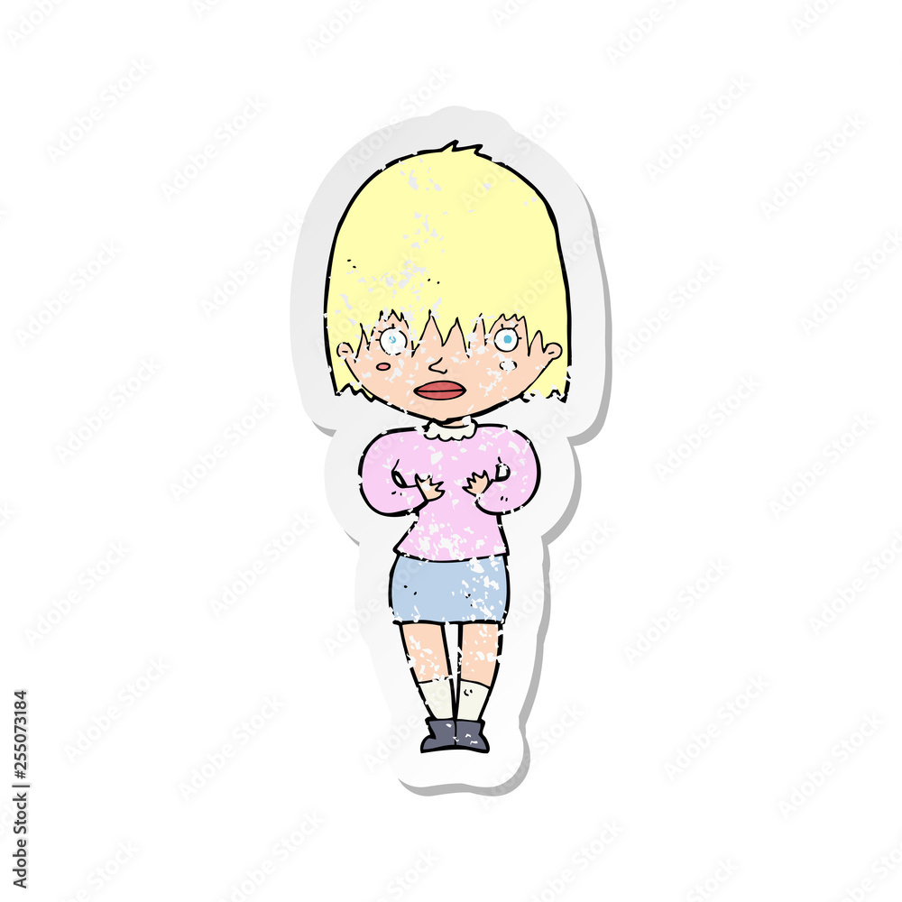 retro distressed sticker of a cartoon woman making Who Me gesture retro distressed sticker of a cartoon woman making Who Me gesture