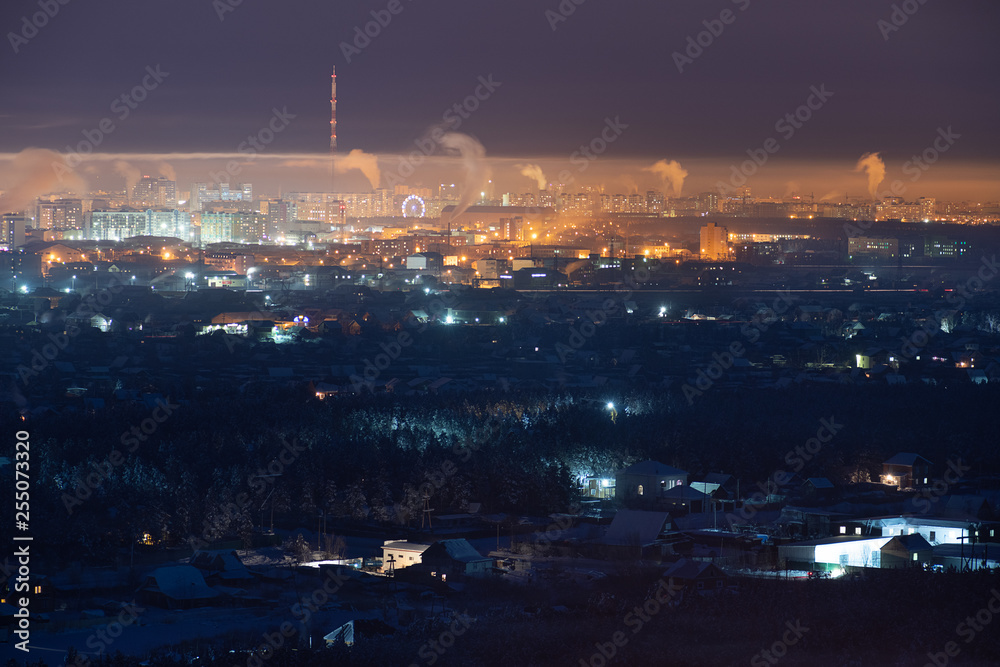 Panorama view on evening sity. Night city view with night sky. natural winter night view in Yakutsk, Yakutia