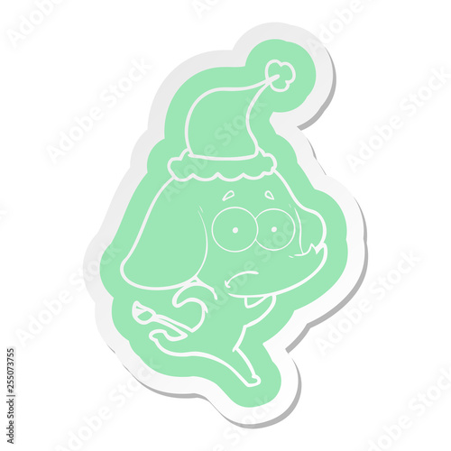 cartoon  sticker of a unsure elephant running away wearing santa hat