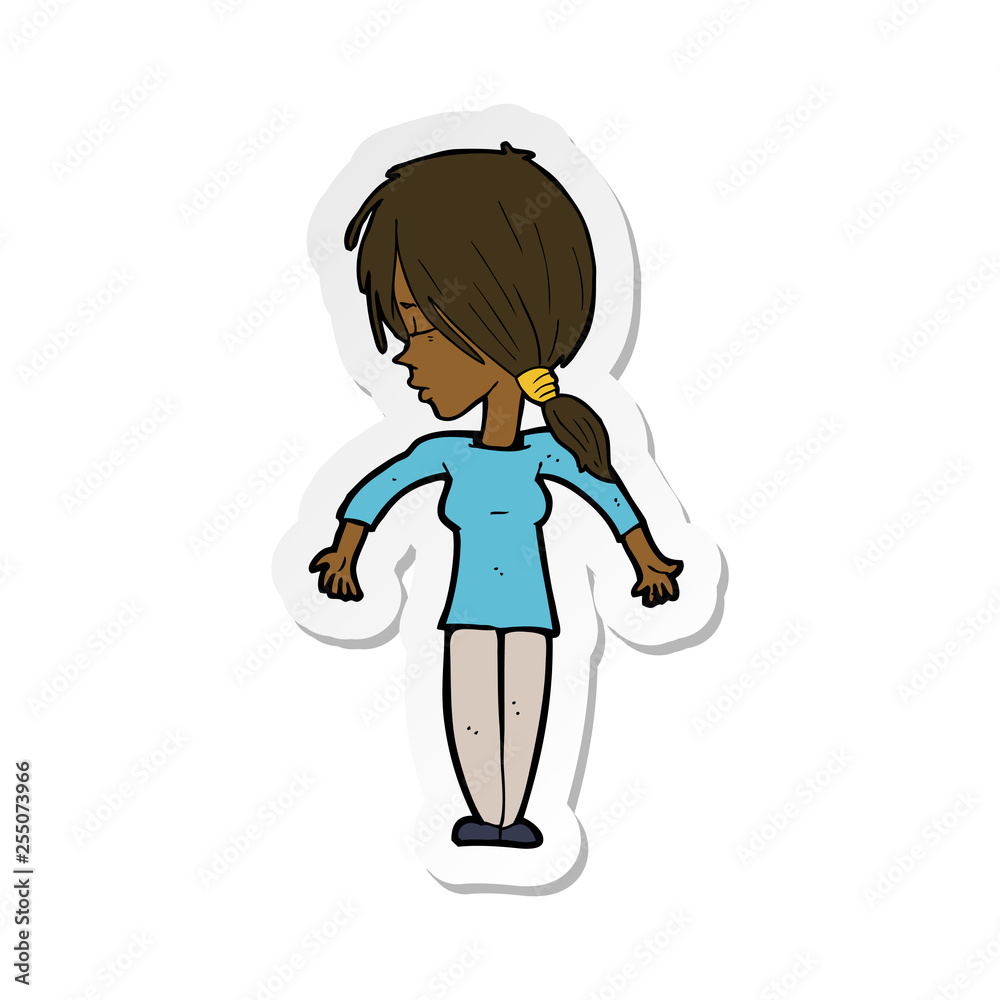 sticker of a cartoon woman shrugging shoulders sticker of a cartoon woman shrugging shoulders