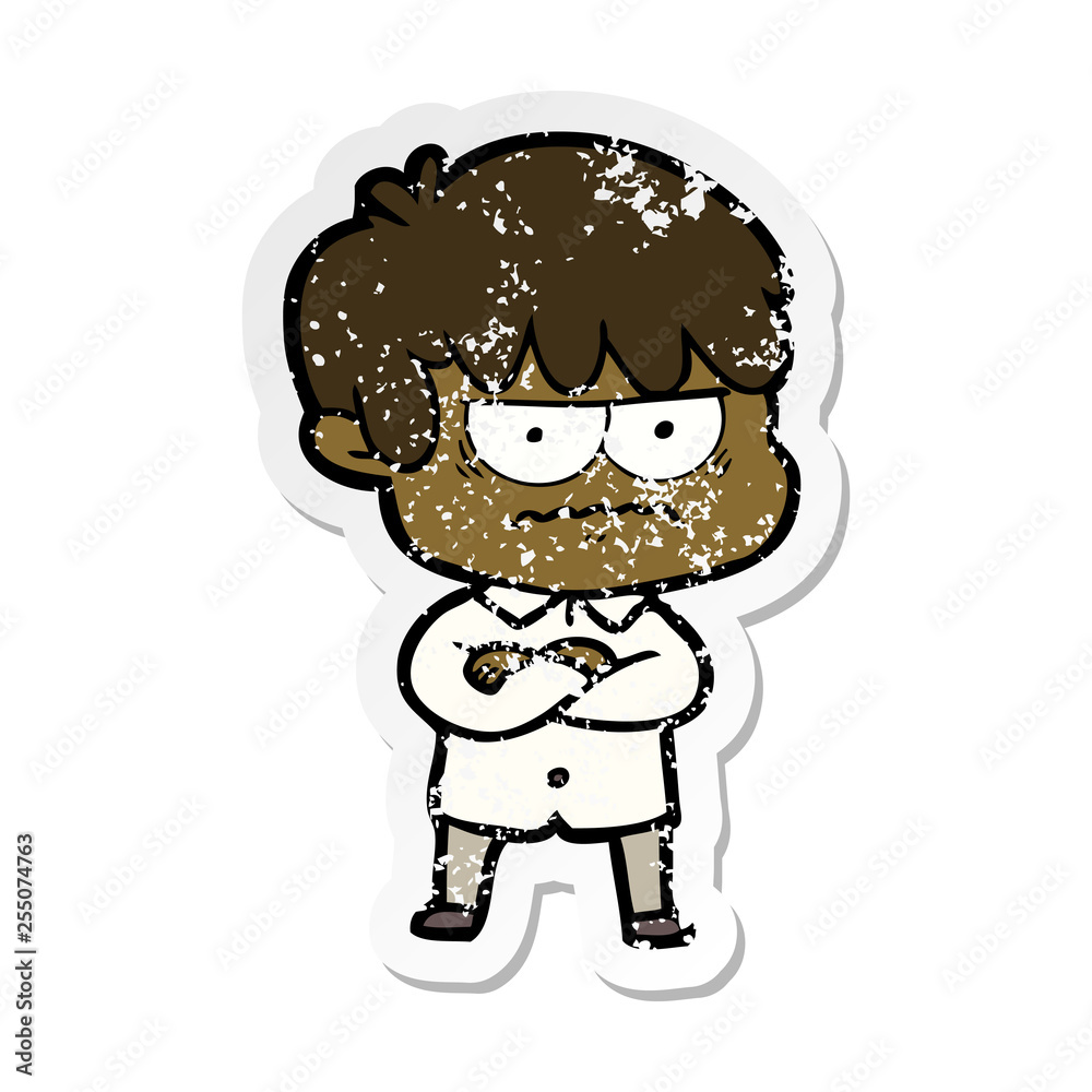 distressed sticker of a annoyed cartoon boy