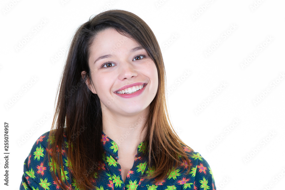 Young cheerful happy girl smiling laughing looking at camera over white background Young cheerful happy girl smiling laughing looking at camera over white background