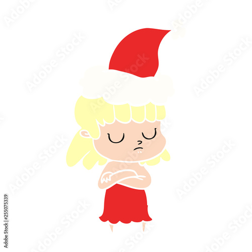 flat color illustration of a indifferent woman wearing santa hat