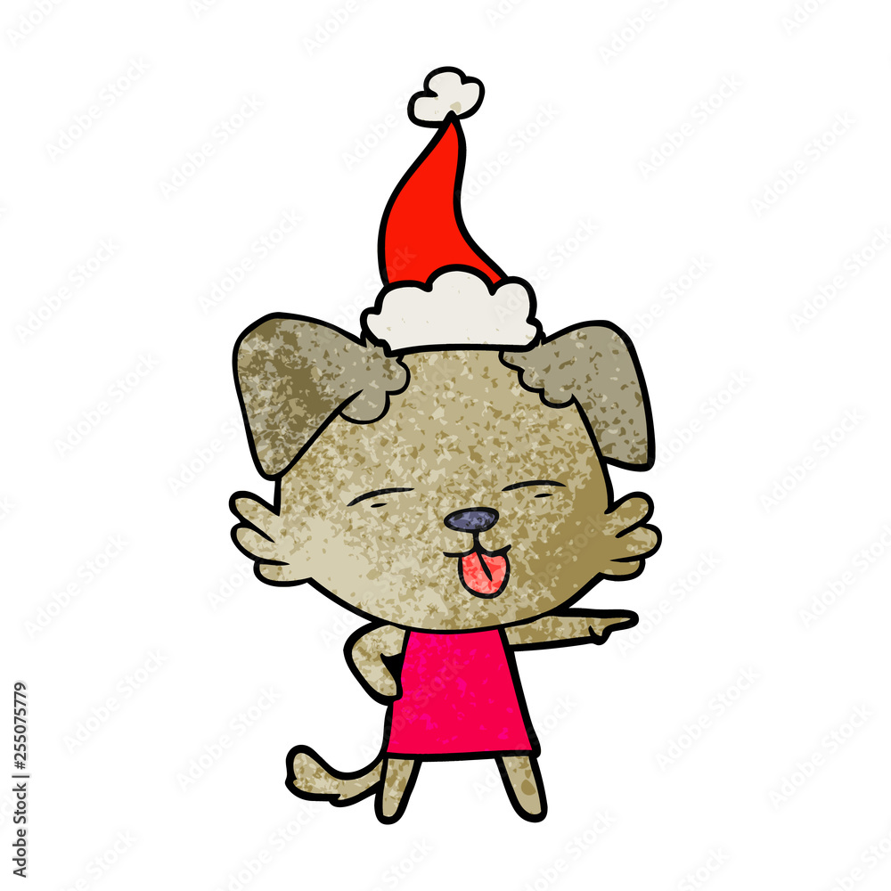 textured cartoon of a dog sticking out tongue wearing santa hat textured cartoon of a dog sticking out tongue wearing santa hat