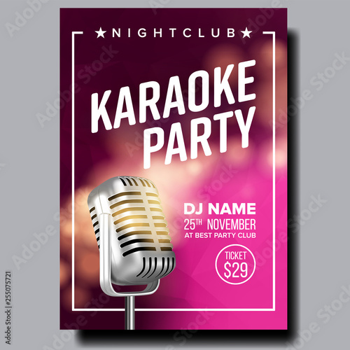 Karaoke Poster Vector. Party Flyer. Karaoke Music Night. Radio Microphone. Abstract Template. Rock Fun. Vocal Sign. Old Bar. Star Show. Modern Sound. Realistic Illustration