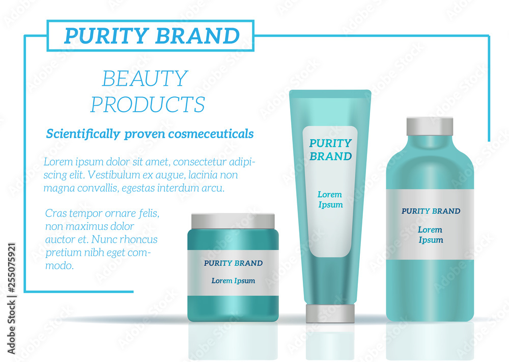 Vector illustration template eps10 for cosmetics branding. Blue green packaging bottles for lotion, cream and other beauty caring on white background. Vector illustration template eps10 for cosmetics branding. Blue green packaging bottles for lotion, cream and other beauty caring on white background.