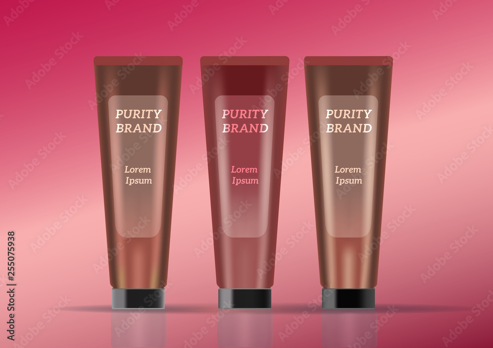 Brand presentation mock up with three cosmetic packaging tubes for cream. Image in pink and brown colors. Brand presentation mock up with three cosmetic packaging tubes for cream. Image in pink and brown colors.