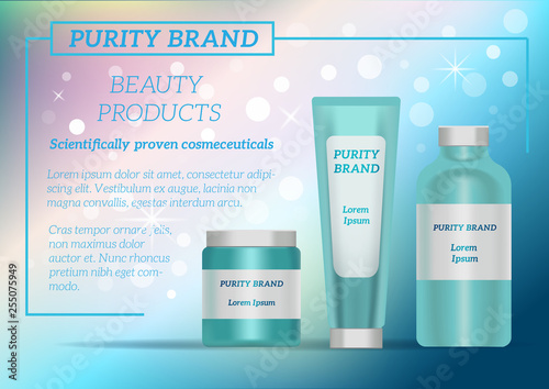 Vector illustration template eps10 for cosmetics branding. Blue green packaging bottles for lotion, cream and other beauty caring on white background with bokeh circles and stars.