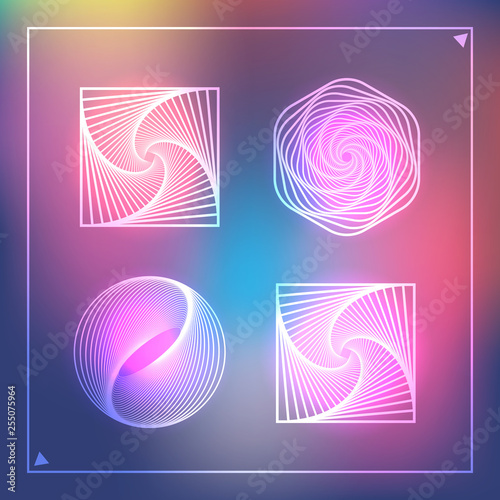 Vector illustration eps10 with mathematical geometric shapes - circle, square, hexagon made of rotated line art shapes. Elements on blurred gradient pink and blue background.