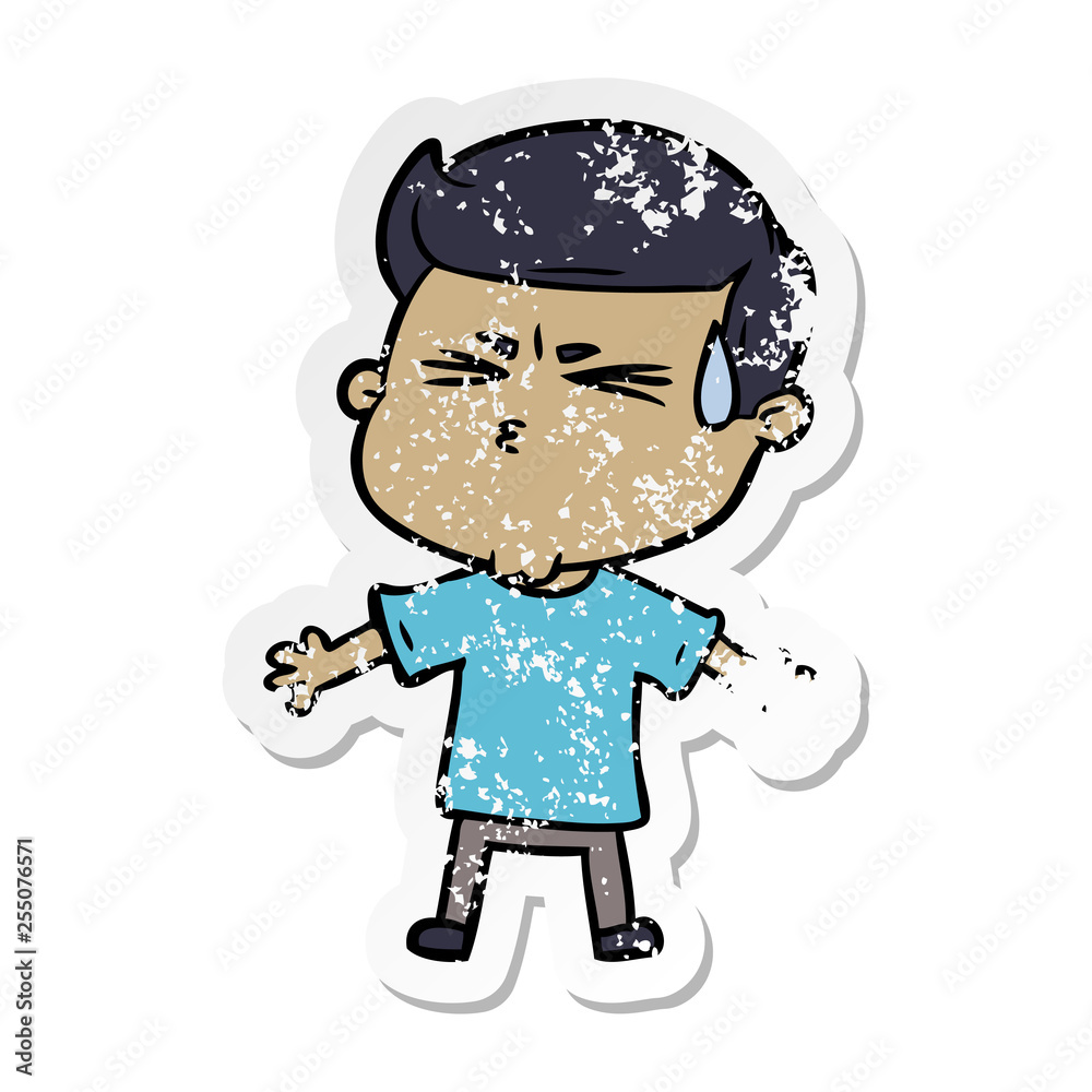 distressed sticker of a cartoon man sweating
