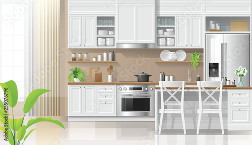Interior background with kitchen in modern rustic style , vector , illustration