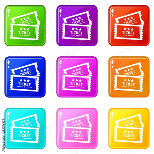 Cinema ticket icons set 9 color collection isolated on white for any design