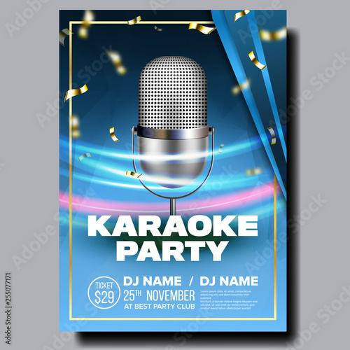 Karaoke Poster Vector. Retro Concert. Karaoke Club Background. Mic Design. Creative Layout. Audio Element. Speaker Label. Entertainment Competition. Media Announcement. Luxury. Realistic Illustration