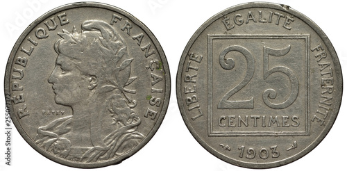 France French coin 25 twenty five centimes 1903, female head in liberty cap left,  denimination within box,  photo