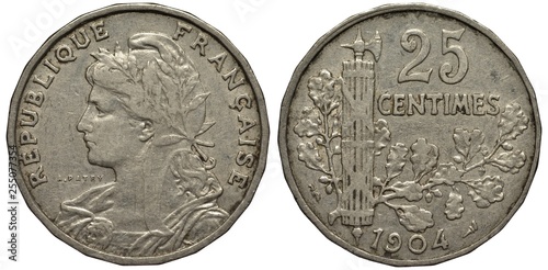 France French coin 25 twenty five centimes 1904, female head in liberty cap left, denomination right to fascine with hatchet, oak sprigs below,  photo