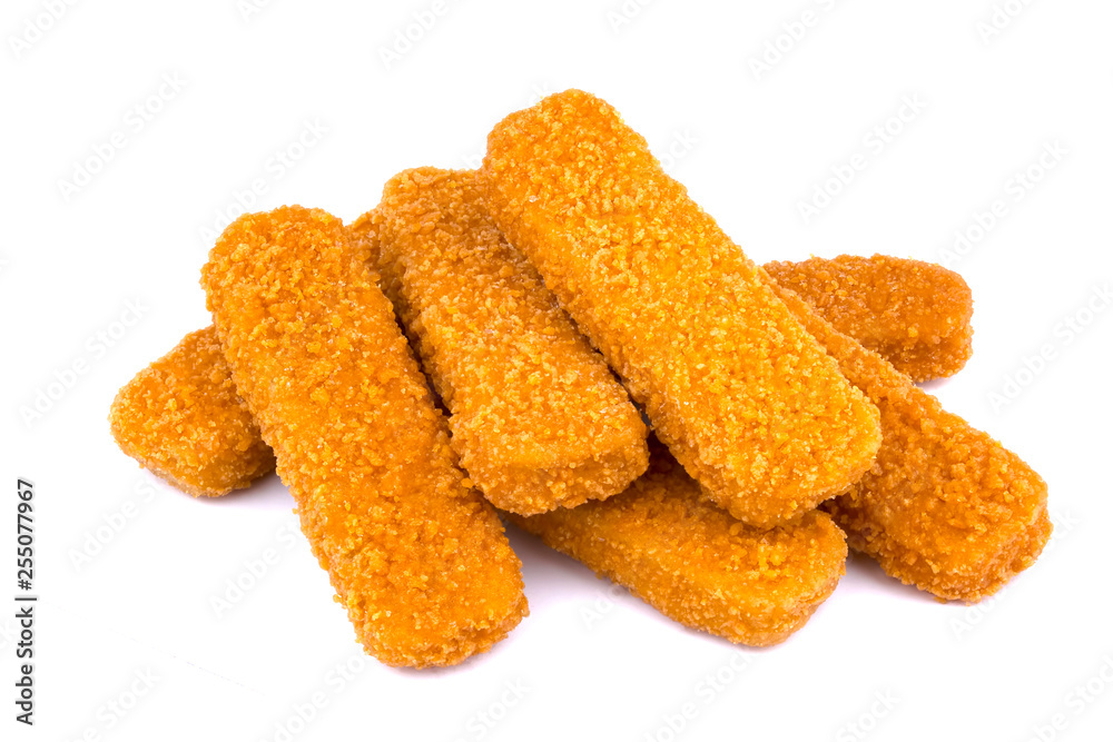 Fish fingers isolated on white background. Frozen fish sticks. Fish fingers isolated on white background. Frozen fish sticks.
